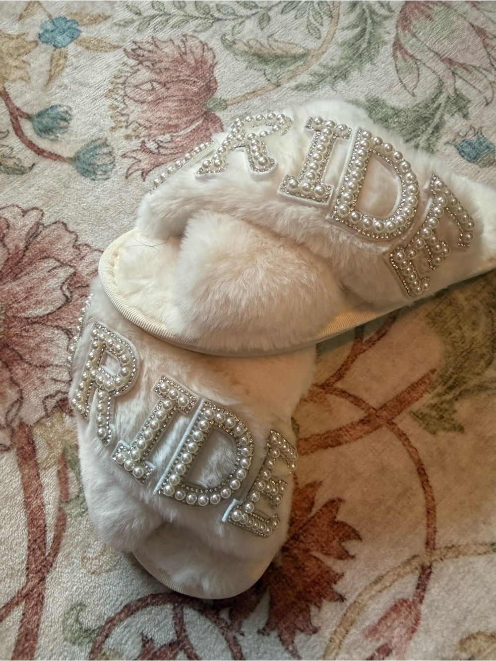 BRIDE Plush Crystal Lettered Slippers - Ivory